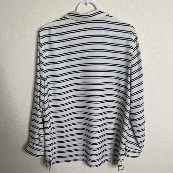 Talbots Petites XLP White & Navy Striped Button-Down Blouse Roll Tab Sleeves Car - Picture 3 of 9
